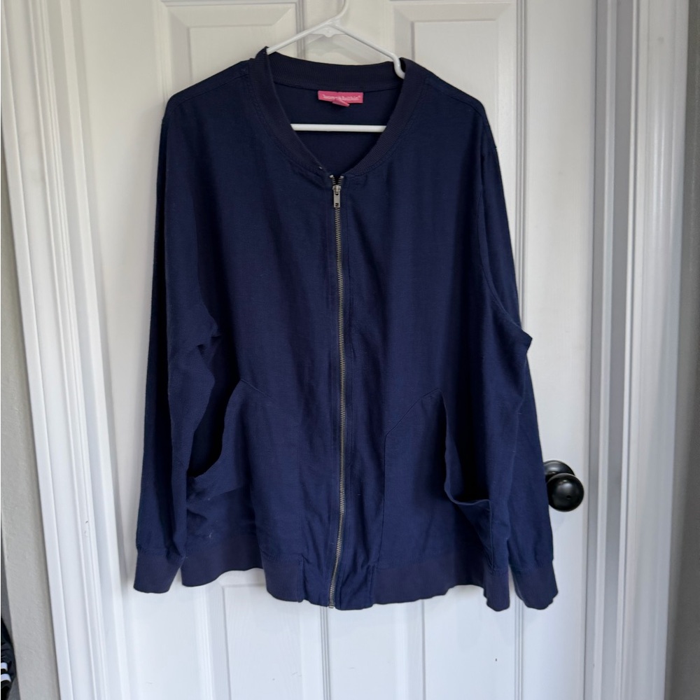 Woman Within Dark Navy Zip-Front Bomber Jacket Linen Blend